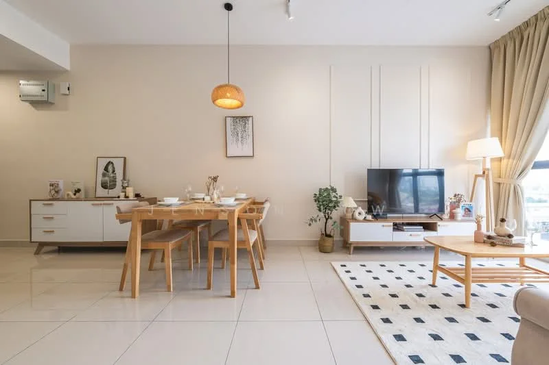 Living features: light beige painted walls, white ceiling, recessed downlights, wooden dining table with four chairs, cream area rug with geometric pattern, light wood sideboard, white TV console, wall-mounted TV, floor-to-ceiling windows with sheer curtains, decorative houseplants, pendant light fixture, light beige sofa, decorative wall art; style: modern; view: city.