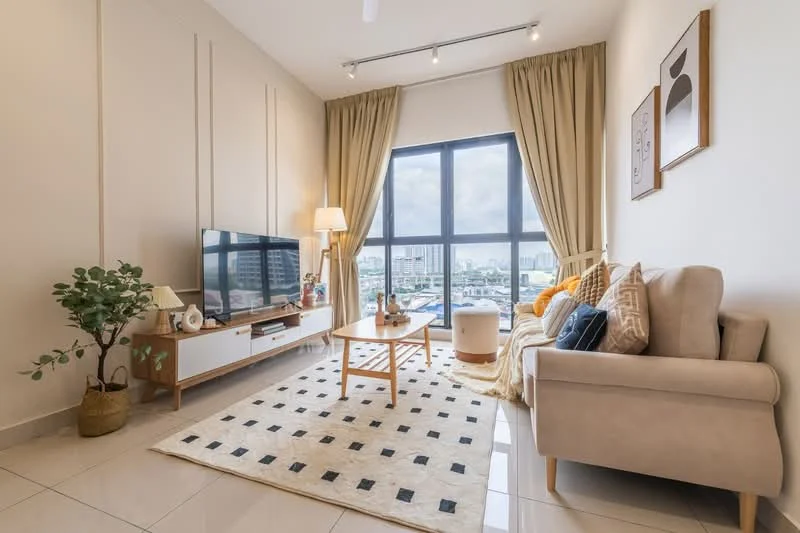 Living features: beige fabric sofa, wood coffee table, white TV console, flat-screen TV, area rug with geometric pattern, floor-to-ceiling windows, sheer curtains, decorative wall art, table lamp, indoor plant in pot, light-colored walls, recessed downlights, light-colored tile flooring; style: modern; view: city.