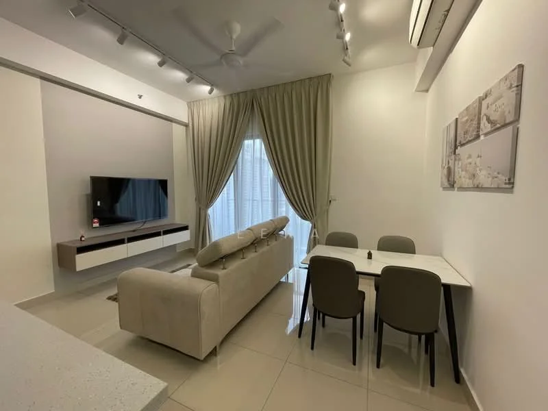 Living features: 3-seater fabric sofa in beige, wall-mounted TV, TV console with storage, dining table for 4 with grey upholstered chairs, floor-to-ceiling windows, sheer curtains, recessed downlights, ceiling fan, light-coloured tiled flooring, decorative wall art; style: modern.