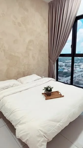 Bedroom features: king-size bed with white bedding, decorative tray on bed, floor-to-ceiling windows, curtains in light beige, textured beige wall, white tiled flooring, small potted plant on tray, city view from window; style: modern; view: city.