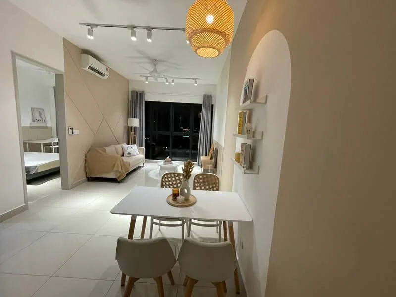 Dining features: white dining table, 3 white dining chairs, pendant light fixture, decorative vase on table, neutral wall colour, tile flooring, recessed ceiling lights, open layout to living area, large window with city view; style: modern; view: city. Living features: beige sofa, decorative throw on sofa, wall-mounted artwork, floor-to-ceiling windows, curtains, ceiling fan, light-coloured walls, TV console, area rug; style: modern; view: city. Room features: air conditioning unit, neutral decor, open space.