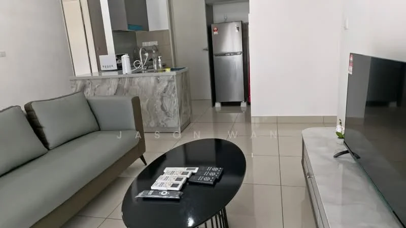 Living features: 3-seater fabric sofa in grey, coffee table with black surface, TV console, wall-mounted TV, ceramic tile flooring, white painted walls, recessed downlights, open layout to kitchen, sliding glass door, kitchen island with grey countertop; style: modern. Kitchen features: stainless-steel fridge, built-in oven, microwave, kitchen cabinets in grey, single-bowl stainless-steel sink, chrome pull-down faucet, ceramic tile backsplash; style: modern.