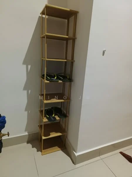 Room features: wooden shelving unit, light wood finish, six shelves, floor tiles, neutral wall color, slippers on bottom shelf, minimalist design; style: modern.