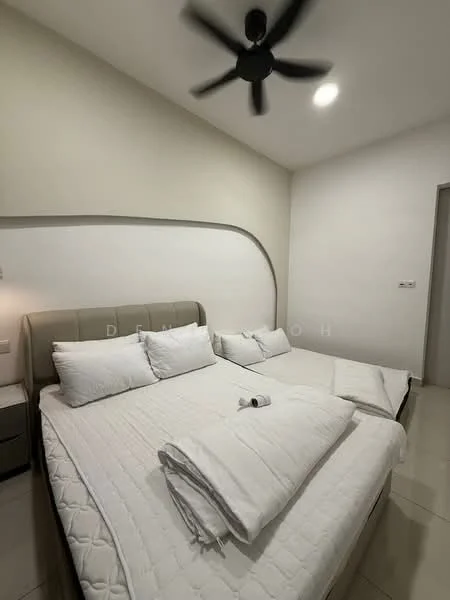 Bedroom features: king-size bed, upholstered headboard, white bedding, 2 white pillows, 1 rolled towel, nightstand with lamp, ceiling fan, white painted walls, tile flooring, recessed lighting; style: modern.