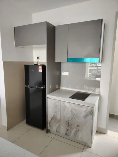 Kitchen features: black fridge, grey cabinetry with flat-panel doors, white countertop, built-in cooktop, tile backsplash, light-colored walls, under-cabinet lighting, open shelving, floor tiles, single-bowl stainless-steel sink; style: modern.