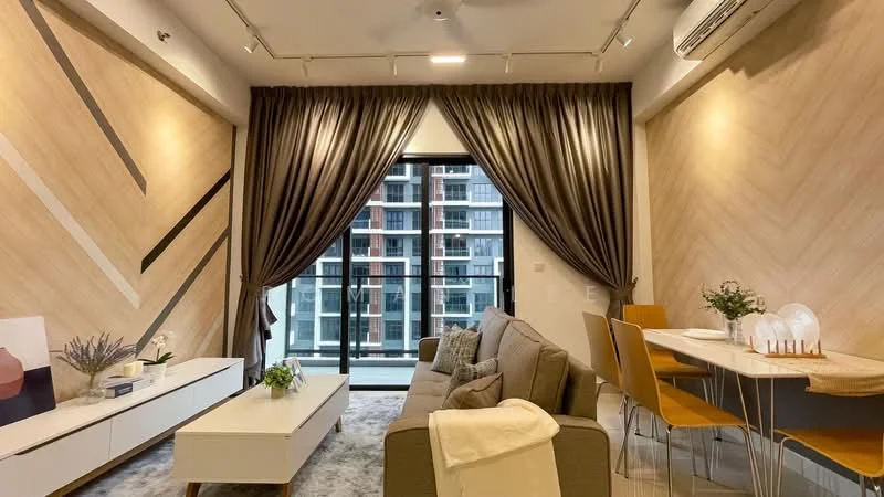 Living features: grey fabric sofa, white coffee table, TV console, floor-to-ceiling windows, sheer curtains, dark brown curtains, wood panel accent wall, recessed downlights, area rug with geometric pattern, dining table with four chairs, decorative plant in vase, wall-mounted air conditioning unit; style: modern; view: city.