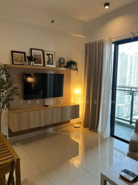 Living features: wall-mounted TV, wooden TV console, cream painted walls, floor-to-ceiling windows, sliding glass door, sheer curtains, recessed downlights, laminate flooring, decorative plants, modern floor lamp, wooden dining table, framed artwork; style: modern; view: city.
