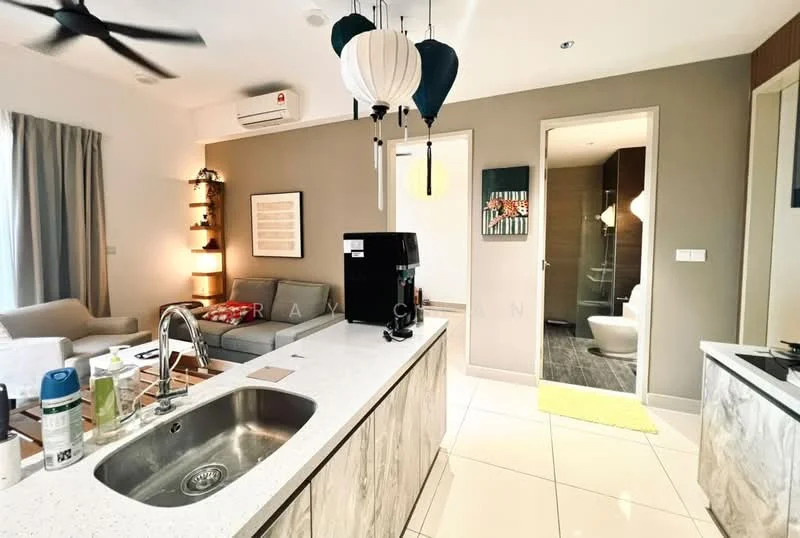 Kitchen features: single-bowl stainless-steel sink, chrome pull-down faucet, white quartz countertop, wood cabinetry, built-in microwave, stainless-steel fridge, pendant lighting, 5-blade ceiling fan, open layout to living area, tile flooring, grey accent wall, window with sheer curtains; style: modern. Living features: 3-seater fabric sofa in grey, coffee table, wall-mounted TV, decorative wall art, curtains, area rug, air conditioning unit; style: modern. Bathroom features: one-piece toilet, walk-in shower with glass enclosure, tile cladding, vanity with mirror, modern fixtures; style: modern.