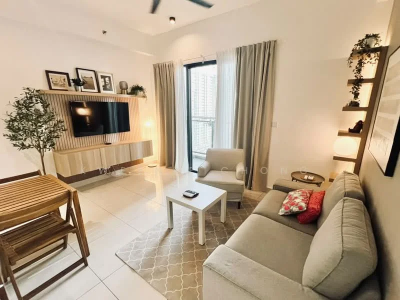 Living features: grey fabric sofa, decorative cushions, wooden coffee table, area rug with geometric pattern, wall-mounted TV, TV console with wood finish, floor-to-ceiling windows, sheer curtains, ceiling fan, indirect lighting, potted plant, wooden dining table with chairs; style: modern; view: city.