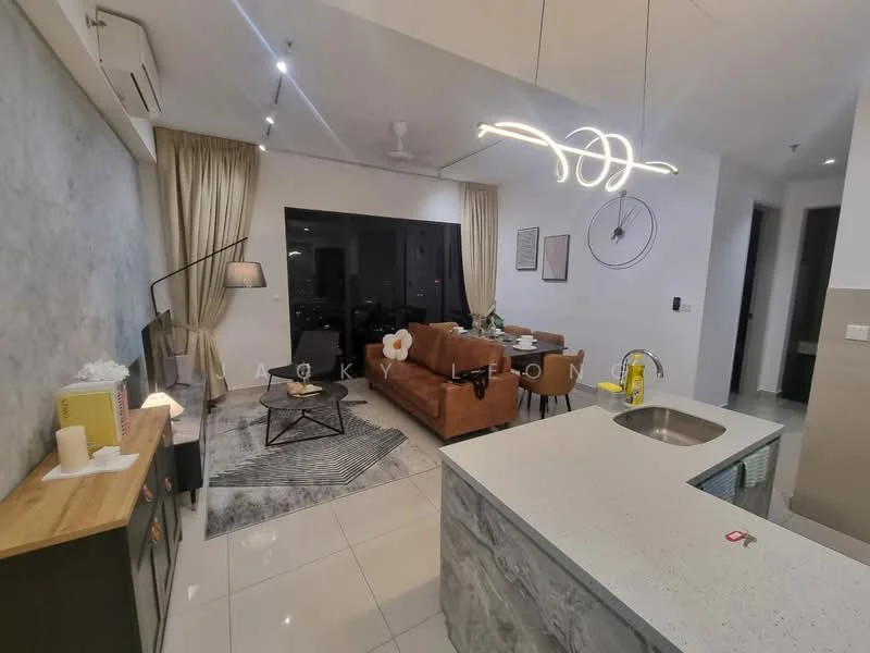 Living features: 3-seater brown leather sofa, 2-seater brown leather sofa, coffee table with geometric design, area rug with circular pattern, floor lamp with black shade, wall-mounted TV, decorative wall art, curtains in light beige, ceiling fan with integrated light, recessed downlights, open kitchen layout, grey accent wall, white tiled flooring; style: modern; view: city. Kitchen features: white quartz countertop, stainless-steel sink, chrome pull-down faucet, kitchen island with seating, built-in cabinetry, recessed downlights; style: modern.