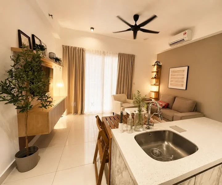 Living features: 3-seater fabric sofa in light grey, wooden coffee table, TV console with wooden finish, wall-mounted TV, floor-to-ceiling windows with sheer curtains, recessed downlights, 5-blade ceiling fan with light, decorative plants in ceramic pots, wooden shelving unit, area rug with geometric pattern, wall art framed, light beige painted walls, white tiled flooring; style: modern. Kitchen features: single-bowl stainless-steel sink, chrome pull-down faucet, white cabinetry, countertop with marble finish, built-in appliances, open shelving, dining table with wooden finish; style: modern.