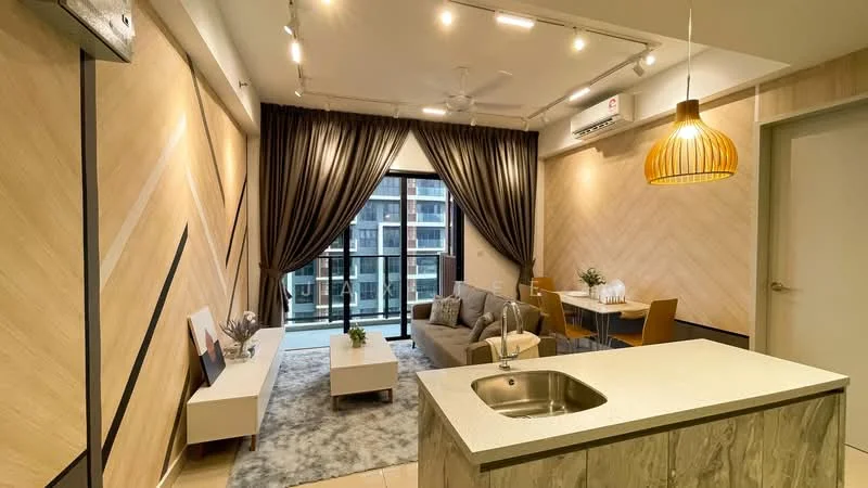 Living features: grey fabric sofa, coffee table, area rug with geometric pattern, floor-to-ceiling windows, blackout curtains, 5-blade ceiling fan with light, wall-mounted air conditioning unit, decorative plants, dining table with chairs, wooden accent wall with herringbone pattern; style: modern; view: city. Kitchen features: single-bowl stainless-steel sink, granite countertop, kitchen cabinetry, stainless-steel faucet; style: modern.