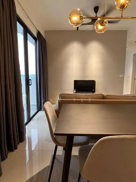 Dining features: dining table with dark wood surface, upholstered dining chairs in light colour, floor-to-ceiling windows, grey curtains, recessed downlights, chandelier with multiple bulbs, white painted walls, glossy tile flooring, wall-mounted TV, sofa in light colour; style: modern; view: city.