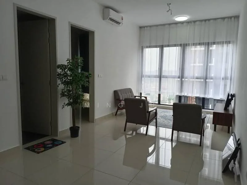 Living features: white painted walls, glossy ceramic tile flooring, large floor-to-ceiling windows, sheer curtains, 2-seater fabric sofa in grey, wooden coffee table, area rug with geometric pattern, 1 wall-mounted split AC, decorative plant in pot, wall-mounted TV console; style: modern; view: city. Room features: doorway leading to hallway, doorway leading to another room.