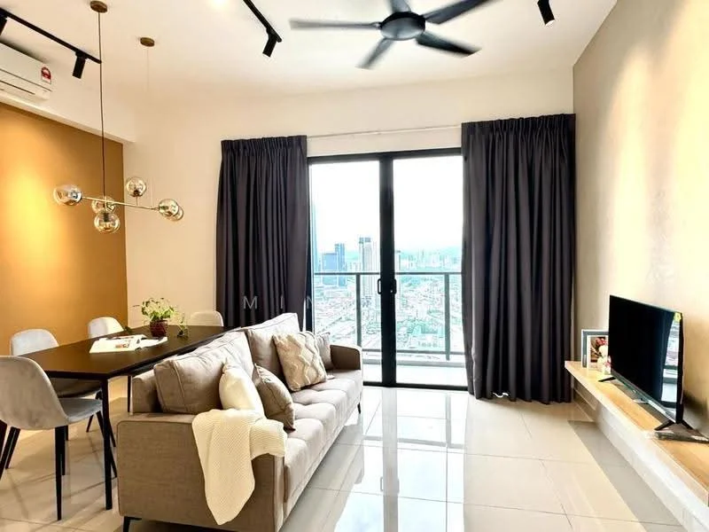 Living features: 3-seater fabric sofa in light beige, floor-to-ceiling windows, blackout curtains, TV console with wall-mounted TV, wooden feature wall, recessed downlights, 5-blade ceiling fan, marble tile flooring, decorative wall art, area rug, dining table with 4 upholstered chairs; style: modern; view: city.