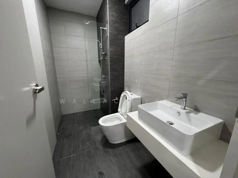 Bathroom features: grey tiled walls, dark grey tiled flooring, walk-in shower with glass enclosure, chrome shower head, wall-mounted faucet, white rectangular sink, floating vanity with storage, one-piece toilet, window for natural light, modern lighting fixture; style: modern.