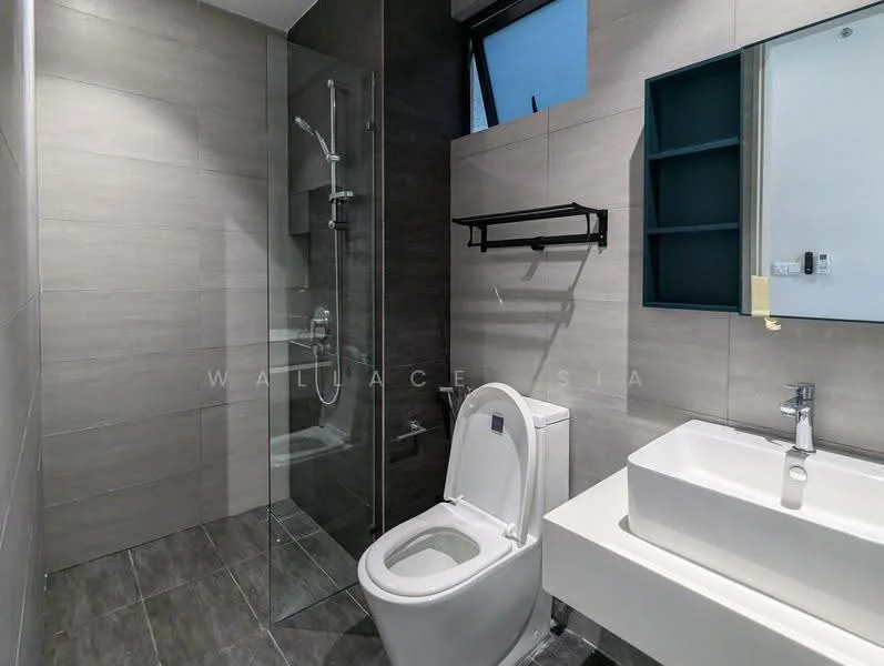 Bathroom features: walk-in shower with glass enclosure, chrome handheld shower, white sink with modern faucet, floating vanity with storage, one-piece toilet, grey tile flooring, grey wall tiles, black towel rack, mirror with shelf, window for natural light; style: modern.