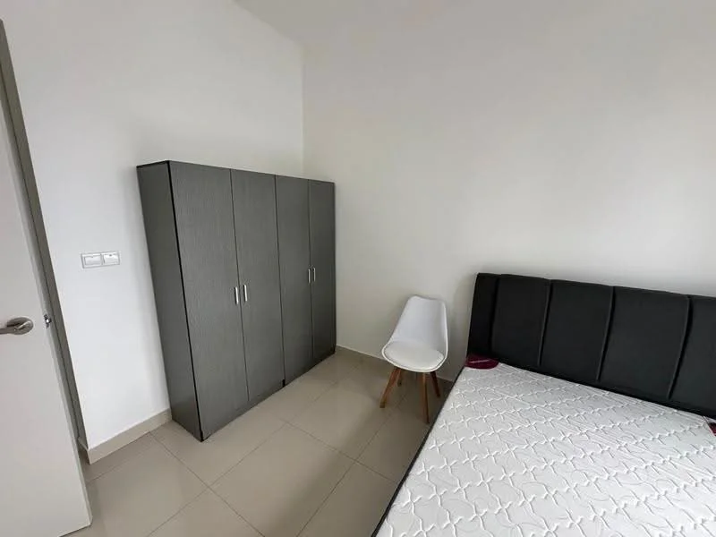 Bedroom features: queen-size bed, upholstered headboard, white walls, tile flooring, built-in wardrobe with grey finish, white chair with wooden legs, door, window, blank mattress; style: modern.