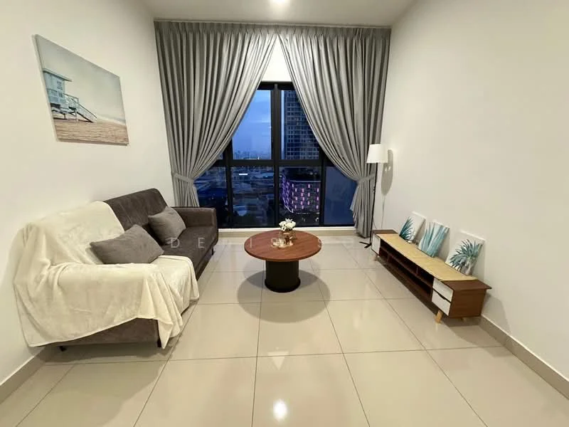 Living features: grey fabric 3-seater sofa, round wooden coffee table, white wall-mounted lamp, floor-to-ceiling window, sheer curtains, ceramic tile flooring, decorative wall art, TV console with storage; style: modern; view: city.