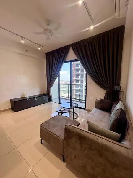Living features: 3-seater fabric sofa in beige, coffee table, TV console, floor-to-ceiling windows, sliding glass door, sheer curtains, dark brown curtains, recessed downlights, cream painted walls, glossy tile flooring, ceiling fan; style: modern; view: city.