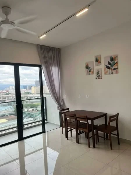 Dining features: 4-seater wooden dining table, wooden dining chairs, floor-to-ceiling windows, city view, white painted walls, glossy tile flooring, ceiling fan with light, curtains, decorative wall art; style: modern; view: city.