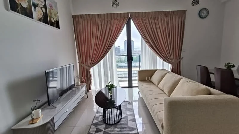 Living features: beige fabric sofa, glass coffee table, wall-mounted TV, area rug with geometric pattern, floor-to-ceiling windows, sheer curtains, dining table with chairs, decorative wall art with floral pattern, clock on wall, light-colored tiled flooring; style: modern; view: city.