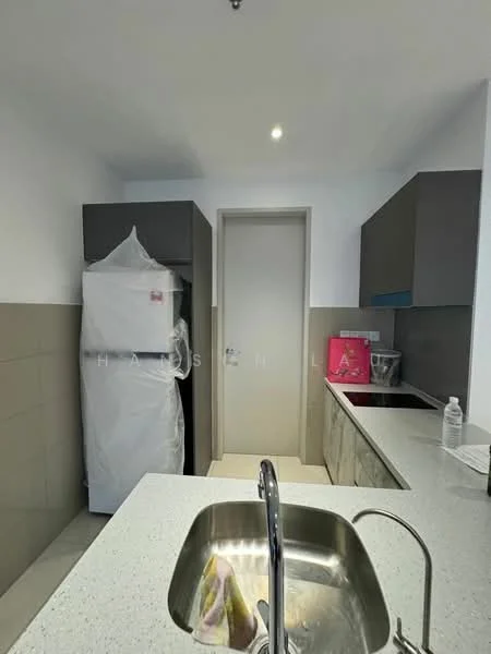 Kitchen features: white quartz countertop, grey cabinetry, stainless-steel sink, chrome pull-down faucet, built-in refrigerator, tile backsplash, wall-mounted cabinet, floor tiles, under-cabinet lighting; style: modern.