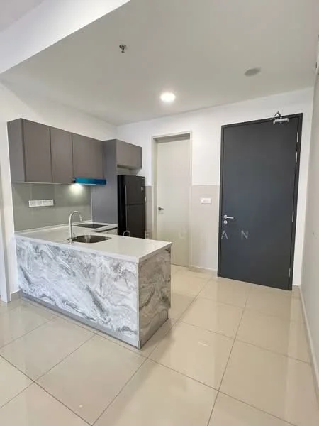 Kitchen features: marble countertop, grey cabinetry, single-bowl stainless-steel sink, chrome pull-down faucet, built-in refrigerator, ceramic tile flooring, white painted walls, recessed downlights; style: modern.