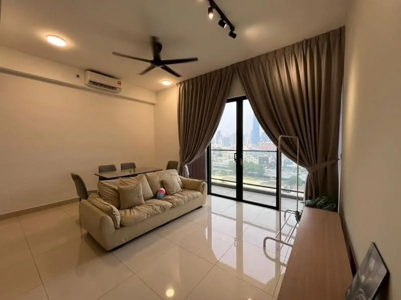 Living features: 3-seater fabric sofa in beige, ceiling fan, floor-to-ceiling windows, sliding glass door, sheer curtains, recessed downlights, wall-mounted TV console, tile flooring, decorative plant, dining table with 4 chairs, neutral wall color; style: modern; view: city.