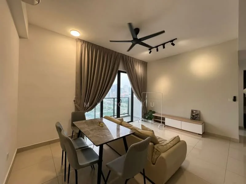 Living features: 5-blade ceiling fan with light, floor-to-ceiling windows, sliding glass door, curtains, marble-top dining table, 4 dining chairs, 2-seater fabric sofa in beige, TV console, wall-mounted TV, decorative wall art, neutral painted walls, tile flooring, recessed downlights; style: modern; view: city.