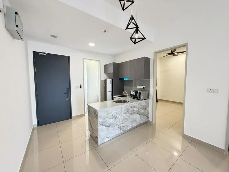 Kitchen features: grey cabinetry, marble countertop, stainless-steel sink, chrome pull-down faucet, built-in oven, freestanding fridge, 4-burner gas hob, pendant lighting, tile flooring, wall-mounted split AC, ceiling fan; style: modern. Room features: white painted walls, tile flooring, doorway leading to another room.