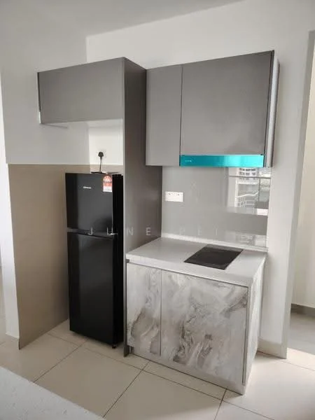 Kitchen features: black fridge, grey cabinetry, marble countertop, built-in cooktop, white tiled backsplash, under-cabinet lighting, single-bowl stainless-steel sink, drawer storage, open shelving; style: modern.