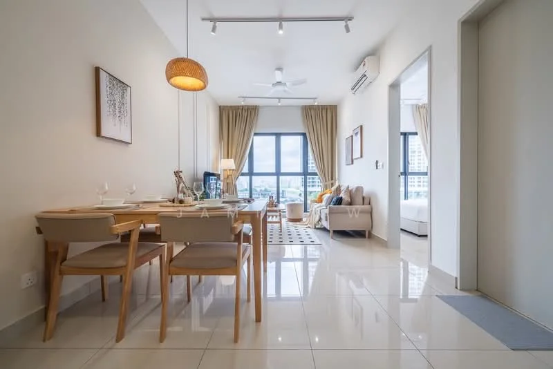 Living features: white painted walls, polished ceramic tile flooring, 5-blade ceiling fan with light, floor-to-ceiling windows, sheer curtains, sofa in light beige, coffee table, TV console, area rug with geometric pattern, dining table with 4 chairs, decorative wall art, light fixture with woven shade; style: modern; view: city.