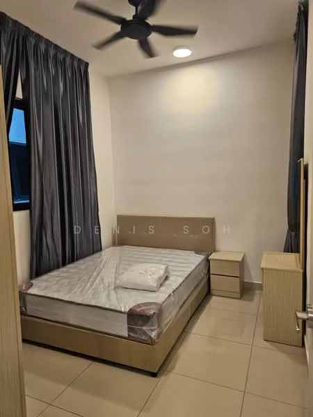 Bedroom features: queen-size bed, upholstered headboard, 2 bedside tables, ceiling fan, floor-to-ceiling window with sheer curtains, light-colored walls, tile flooring, decorative pillows; style: modern.