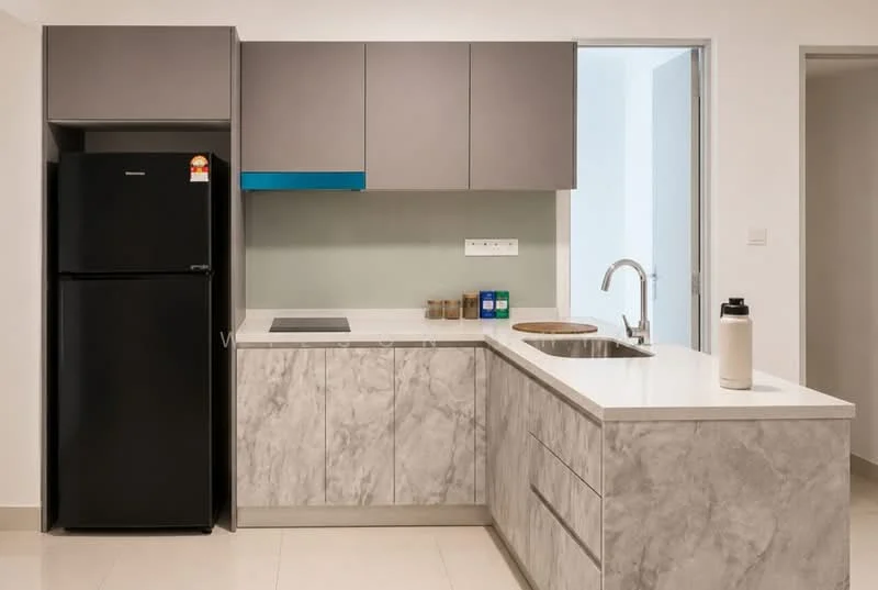 Kitchen features: black fridge, grey upper cabinets, blue accent cabinet, white marble countertop, grey lower cabinets, built-in cooktop, stainless-steel sink, chrome pull-down faucet, tile backsplash, light-colored tile flooring, open shelving, kitchen island; style: modern.