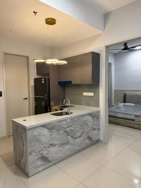 Kitchen features: grey cabinetry, marble countertop, single-bowl stainless-steel sink, chrome pull-down faucet, built-in fridge, pendant lighting, ceramic tile flooring, wall-mounted split AC, open shelving, recessed downlights; style: modern. Room features: bed with grey bedding, wall-mounted fan.