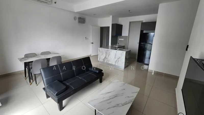 Living features: black fabric sofa, marble coffee table, dining table for four, grey dining chairs, open kitchen layout, kitchen island with marble countertop, stainless-steel fridge, built-in cabinets, wall-mounted air conditioning unit, tile flooring, white painted walls, recessed downlights; style: modern.