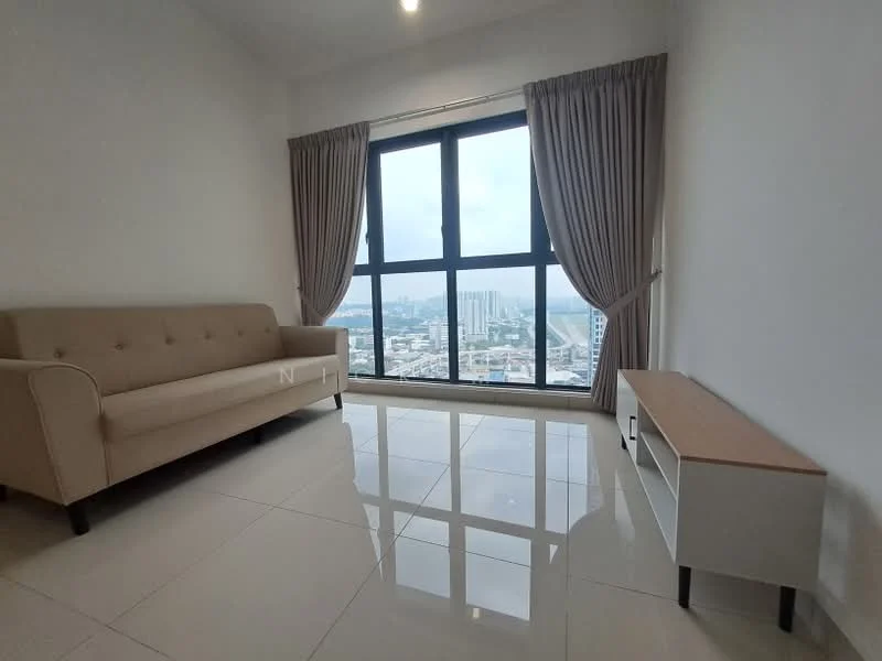 Living features: 3-seater fabric sofa in beige, floor-to-ceiling windows, curtains, glossy tile flooring, white painted walls, TV console, city view, natural light; style: modern; view: city.