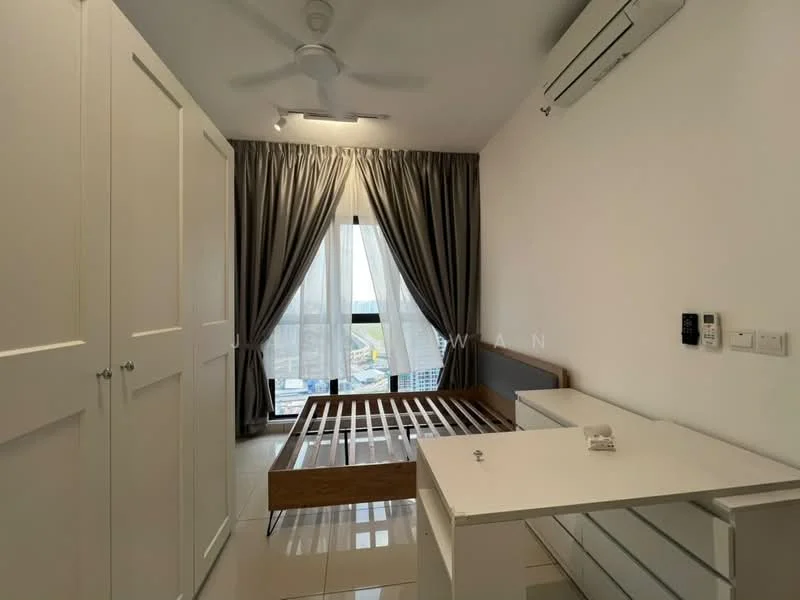 Bedroom features: queen-size bed frame without mattress, built-in wardrobe with sliding doors, study desk with drawers, floor-to-ceiling window, grey curtains, white painted walls, white ceiling with recessed lighting, wall-mounted air conditioning unit, glossy tiled flooring; style: modern; view: city.