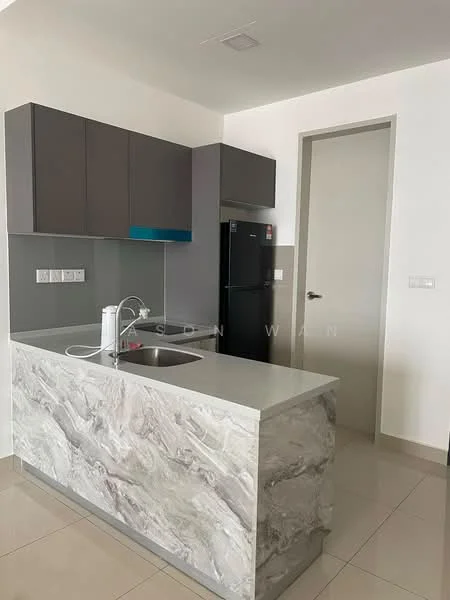 Kitchen features: grey cabinetry, marble countertop, single-bowl stainless-steel sink, chrome pull-down faucet, built-in refrigerator, wall-mounted cabinets, tile backsplash, ceramic tile flooring, recessed downlights; style: modern.