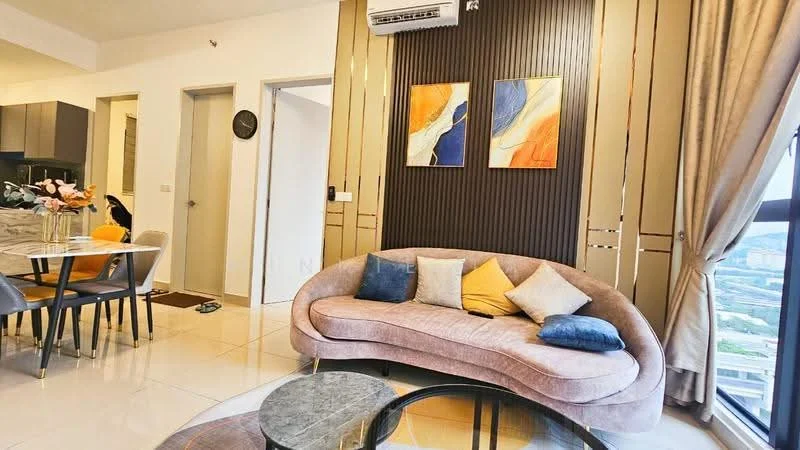 Living features: curved pink fabric sofa, decorative cushions in various colors, glass coffee table, dining table with four chairs, wall-mounted air conditioning unit, framed artwork on wall, wood panel accent wall, floor-to-ceiling windows with city view, light-colored tiled flooring, sheer curtains; style: modern; view: city.