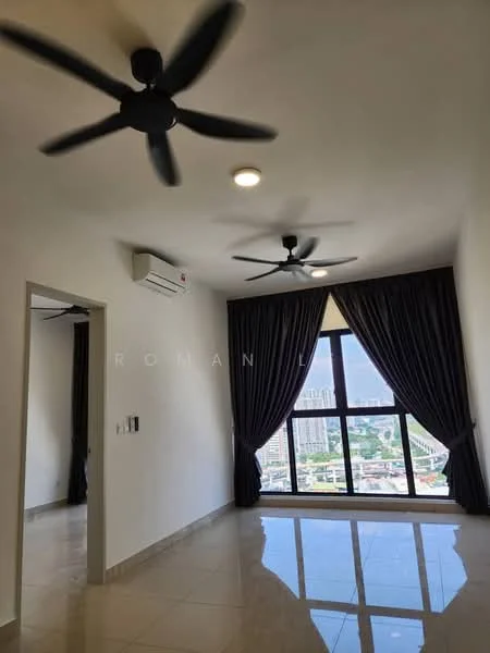 Living features: 2 ceiling fans, 1 wall-mounted split AC, floor-to-ceiling windows, blackout curtains, white painted walls, polished tile flooring, recessed downlights, city view; style: modern; view: city.