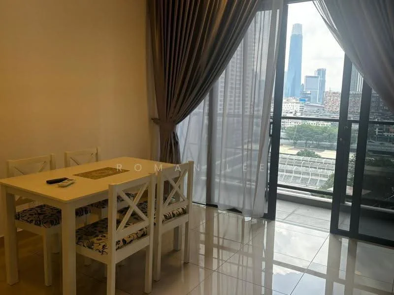 Dining features: white dining table, 4 white dining chairs, floral-patterned chair cushions, floor-to-ceiling windows, sheer curtains, city skyline view, glossy tile flooring, neutral wall color; style: modern; view: city.