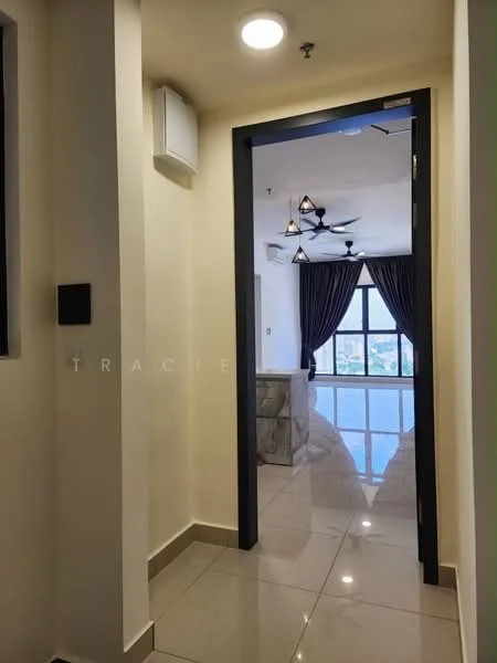 Room features: white painted walls, glossy tile flooring, ceiling with recessed lighting, 5-blade ceiling fan, doorway leading to another room, window with curtains, light switch, wall-mounted speaker; style: modern; view: city.