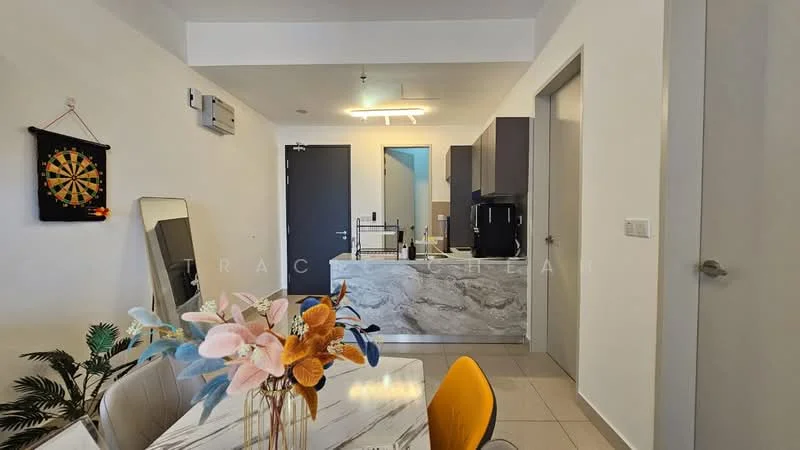 Dining features: dining table with marble top, upholstered dining chairs, decorative vase with flowers, wall-mounted mirror, dartboard on wall, potted plant, light fixture on ceiling, open kitchen layout; style: modern. Kitchen features: kitchen countertop with marble finish, black refrigerator, built-in cabinets, stainless-steel sink, kitchen island, open layout to dining area; style: modern.