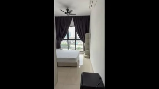 Bedroom features: queen-size bed, floor-to-ceiling windows, blackout curtains, 5-blade ceiling fan, light-colored walls, tile flooring, built-in wardrobe, TV console, city view; style: modern; view: city.