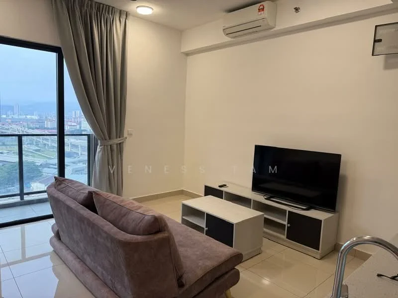 Living features: 3-seater fabric sofa in grey, coffee table with storage, wall-mounted TV, TV console with drawers, floor-to-ceiling windows, curtains in grey, wall-mounted air conditioning unit, glossy tile flooring, neutral painted walls; style: modern; view: city.
