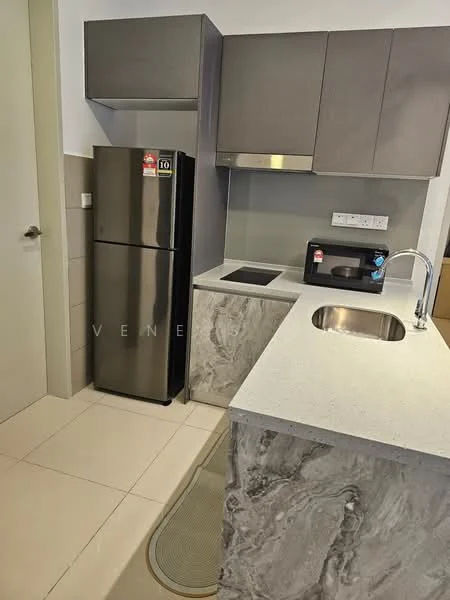 Kitchen features: stainless-steel fridge, built-in microwave, single-bowl stainless-steel sink, chrome pull-down faucet, grey cabinetry, marble countertop, ceramic tile flooring, kitchen island, induction cooktop, wall-mounted cabinets; style: modern.