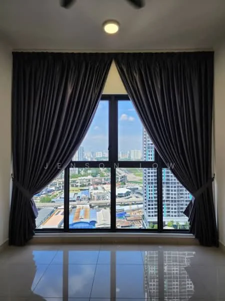 Room features: floor-to-ceiling windows, blackout curtains, white walls, glossy tile flooring, city skyline view, ceiling light; style: modern; view: city.