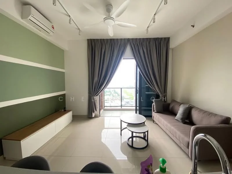Living features: 3-seater fabric sofa in grey, round coffee table, floor-to-ceiling windows, curtains in beige, white painted walls, green accent wall, recessed downlights, 1 wall-mounted split AC, polished tile flooring, decorative wall paneling, ceiling fan with 5 blades; style: modern; view: city.